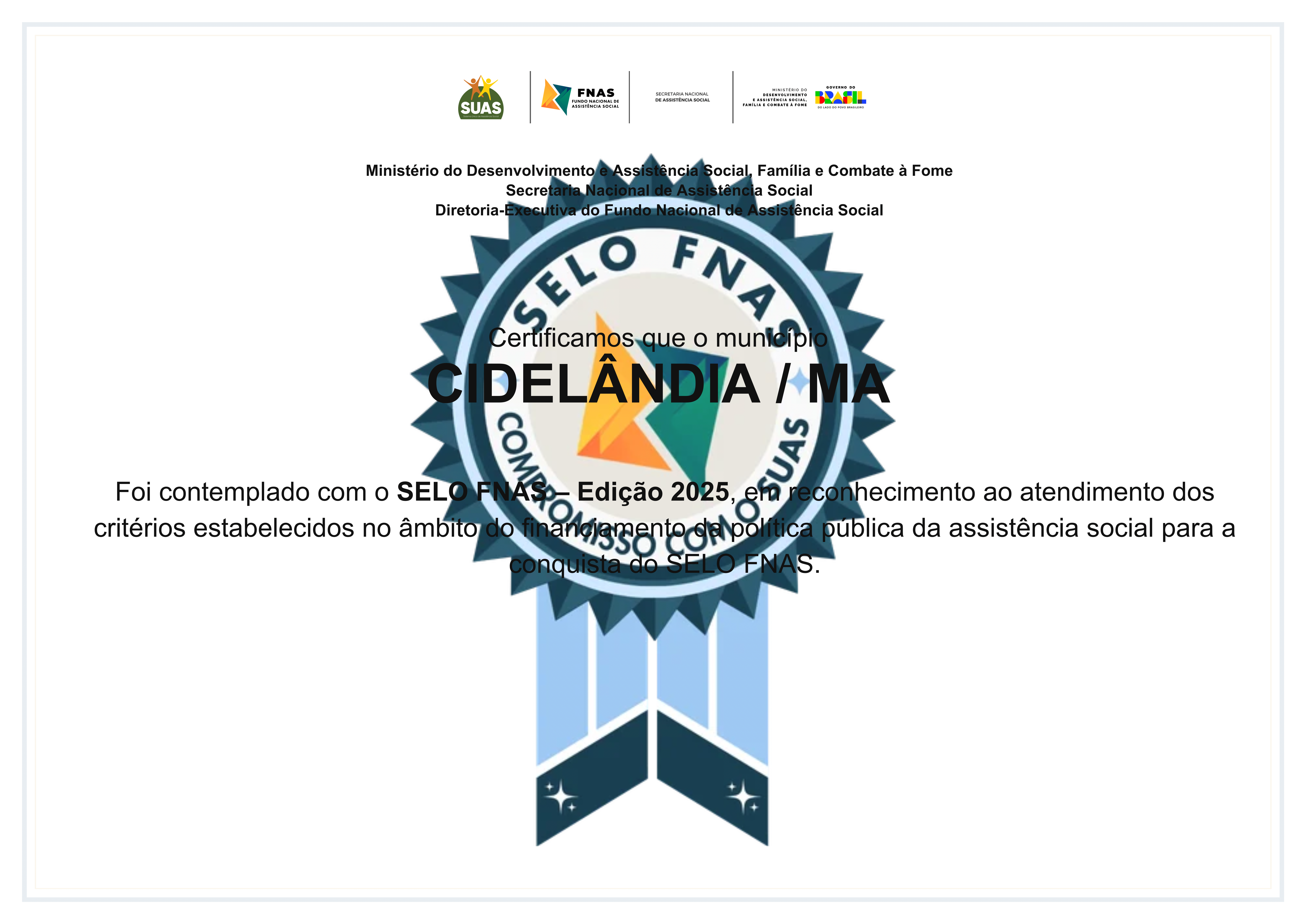 Cidelândia conquista reconhecimento nacional com o Selo FNAS 2025